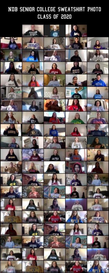 Many of the seniors gather on Zoom for the schools annual senior college sweatshirt photo.