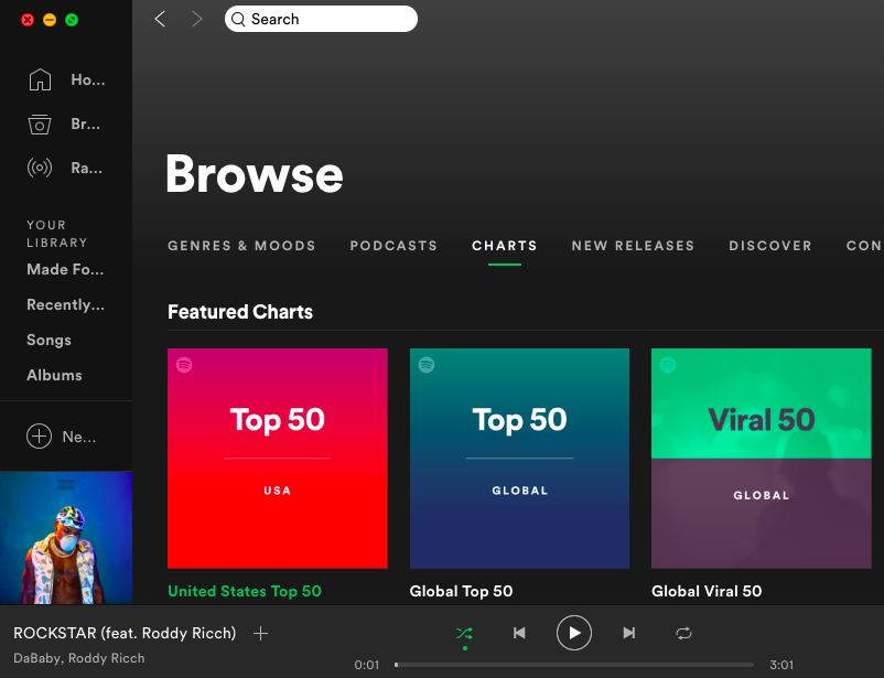 Spotify charts features recent popular songs.