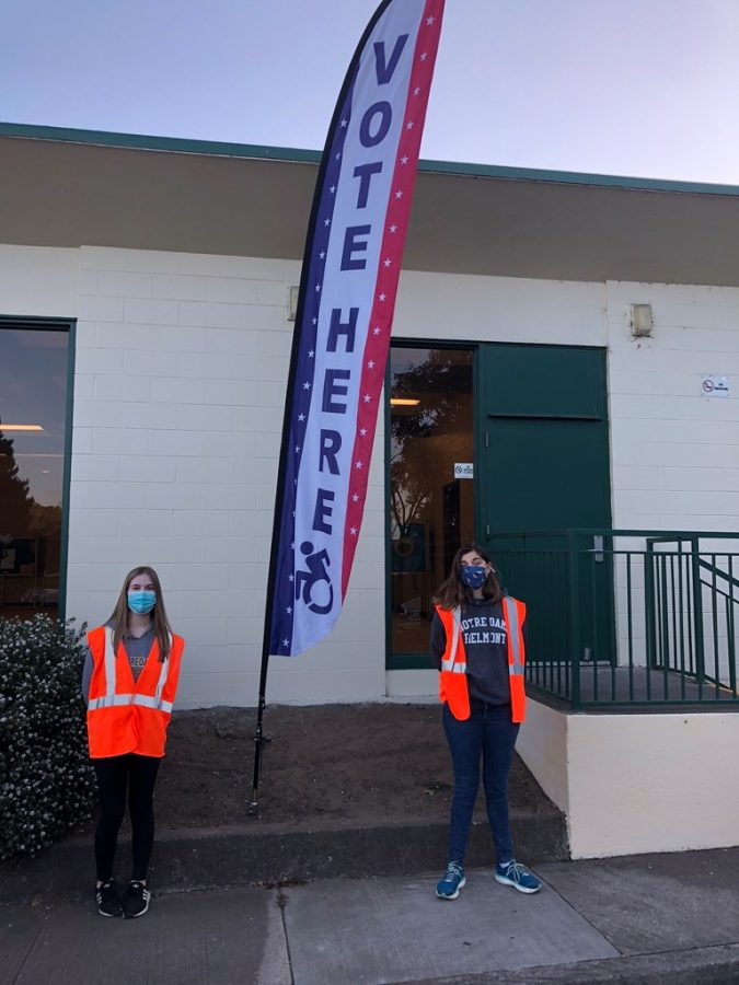 NDB+juniors+Angelina+Chopoff+and+Payton+Peters+volunteered+at+the+polls+in+Daly+City+on+Election+Day.