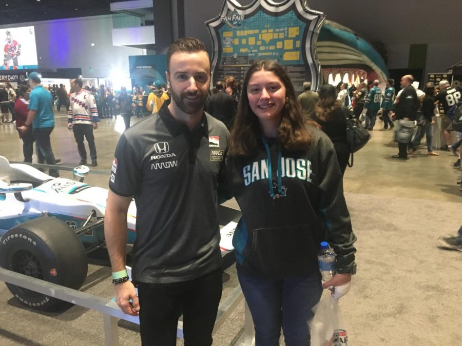 Soracco at the 2019 NHL All-Star Fanfest  with famous Canadian race car driver, James Hinchcliffe.