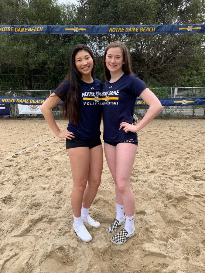 Senior Abby Miller (right) at beach volleyball practice last season.