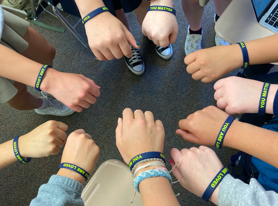 Students show their support with blue and gold awareness wristbands.