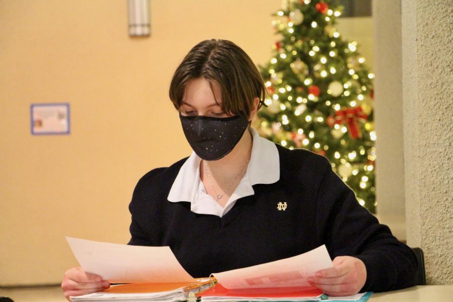 While NDB’s Candy Canes and Cocktails Christmas event is in full swing, freshman Samatha Cook steps away to review for her upcoming final exams.