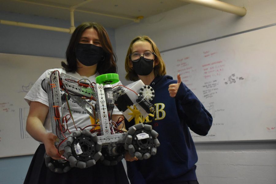 Build team members Ava Lough Morgan Stein are proud of this years competition robot.