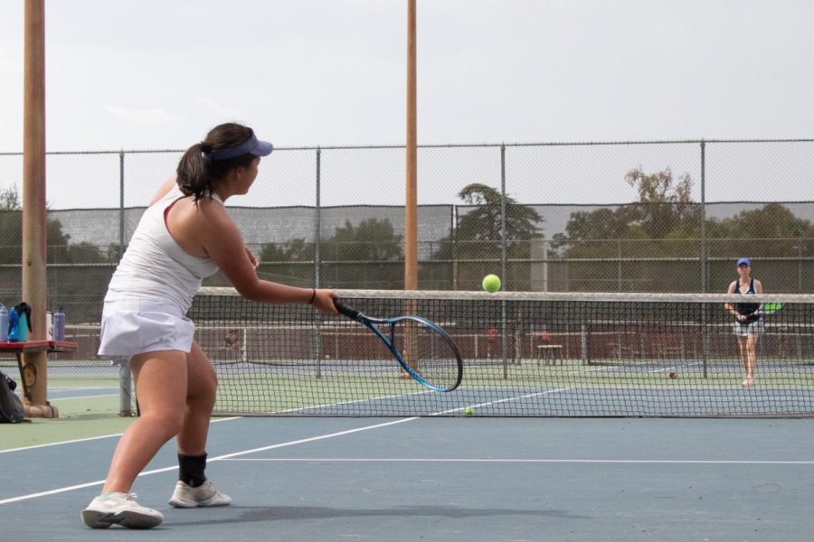 Audrey Tang, ‘24 fights to win the point during her match in Clovis.