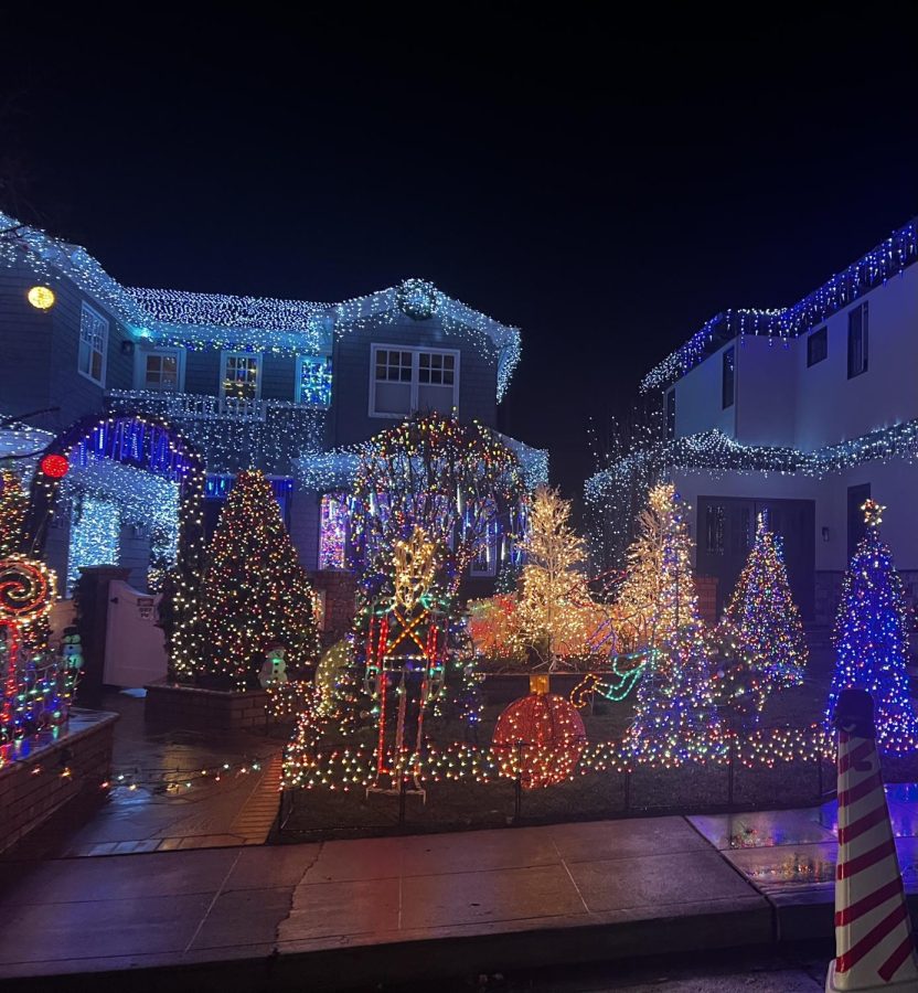 House located in the center of the first Eucalyptus block is elaborately decorated in colorful Christmas lights.