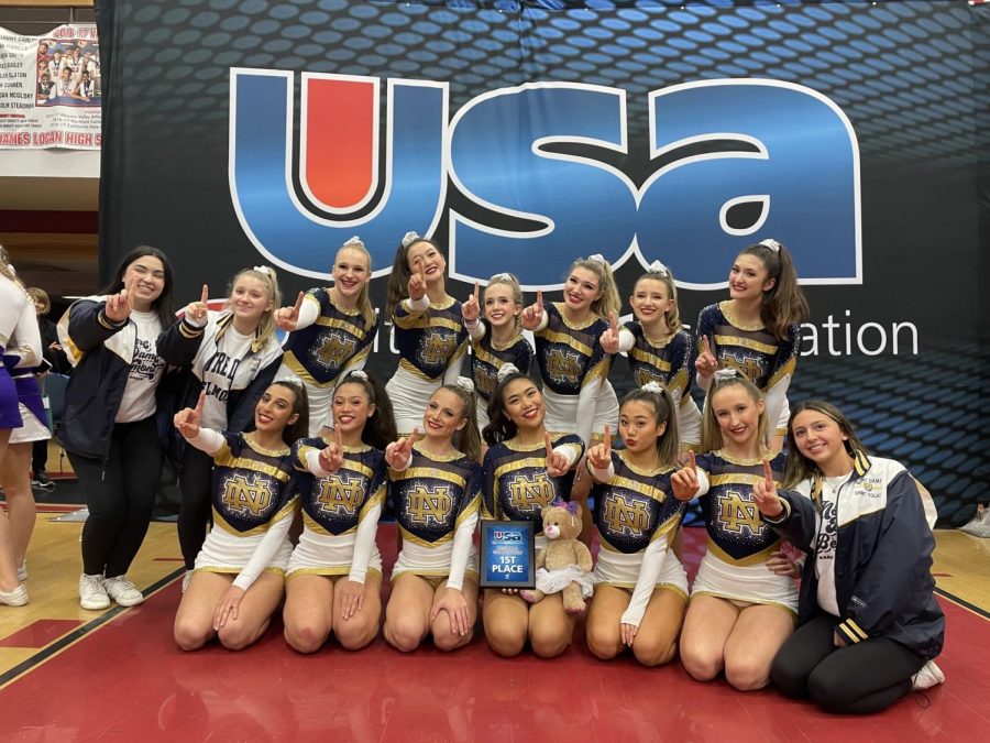 NDB+Varsity+Cheer+Team+poses+for+a+picture+after+placing+first+at+USA+Spirit+Regional+II.