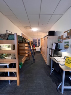 The University of Oregon showcases a sample dorm room for prospective students to visit.