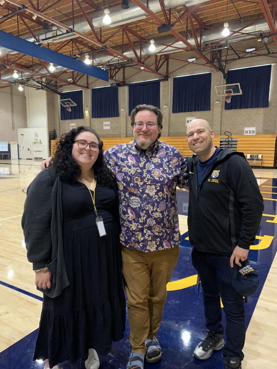 New staffulty members Isabella Custino, Ian Aseltine and Matthew Juul pose for a photo in the Moore Pavilion.