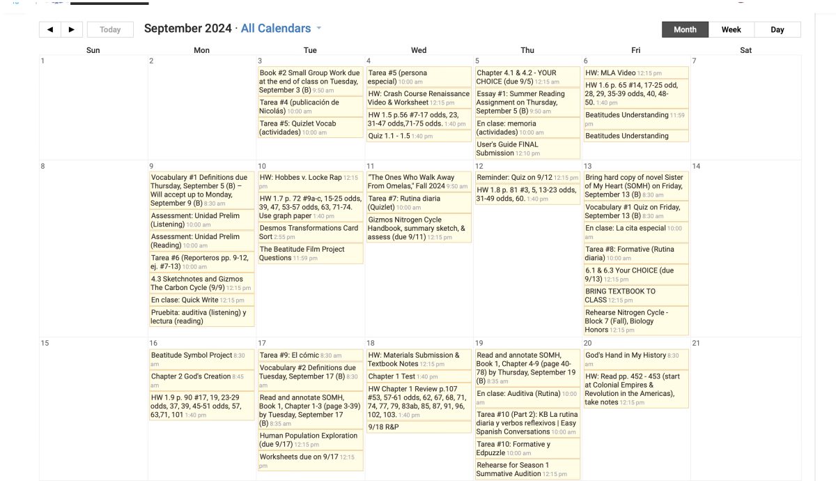 Student's calendar on powerschool