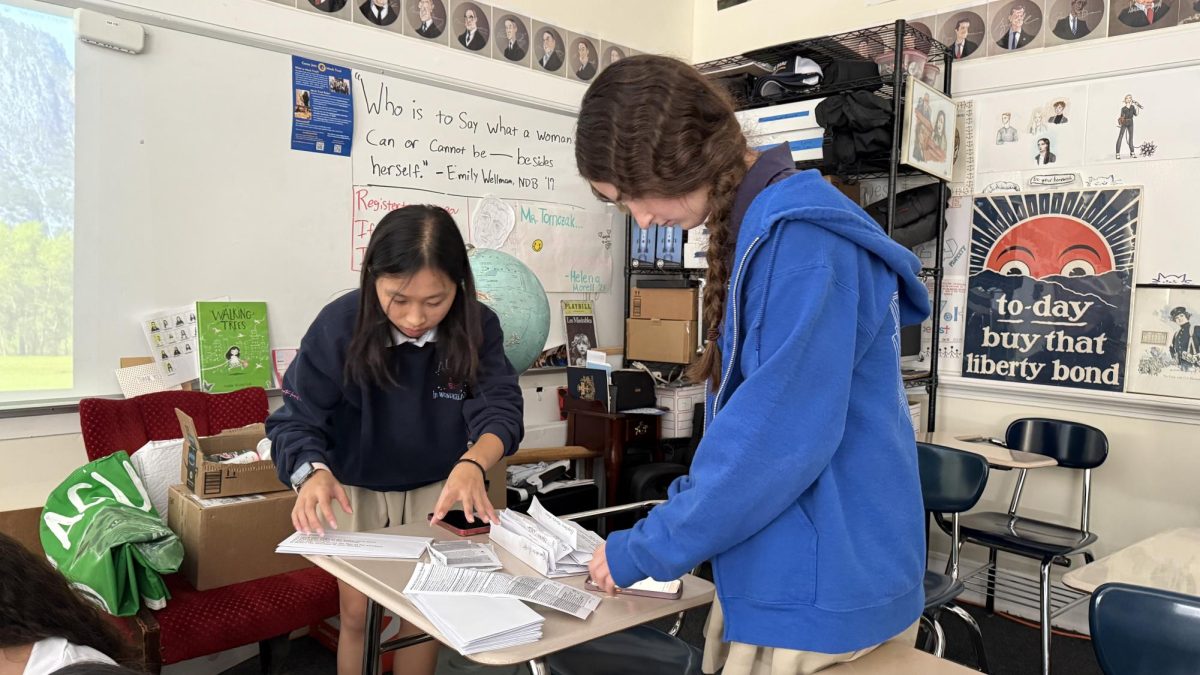 Seniors Nicole Fong and Lauren Zerella count mock election ballots. 