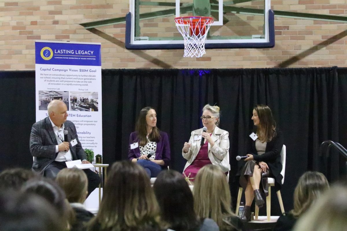 CEOs Rachel Haurwitz, Elizabeth Jeffords and Jodi Andrews spoke to attendees in the small gym.