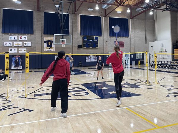 Junior Anna Street rallies the birdie during the championship game of badminton.