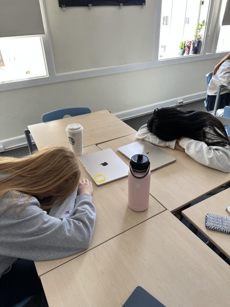 Students worn out and exhausted from all the school work piling up. 