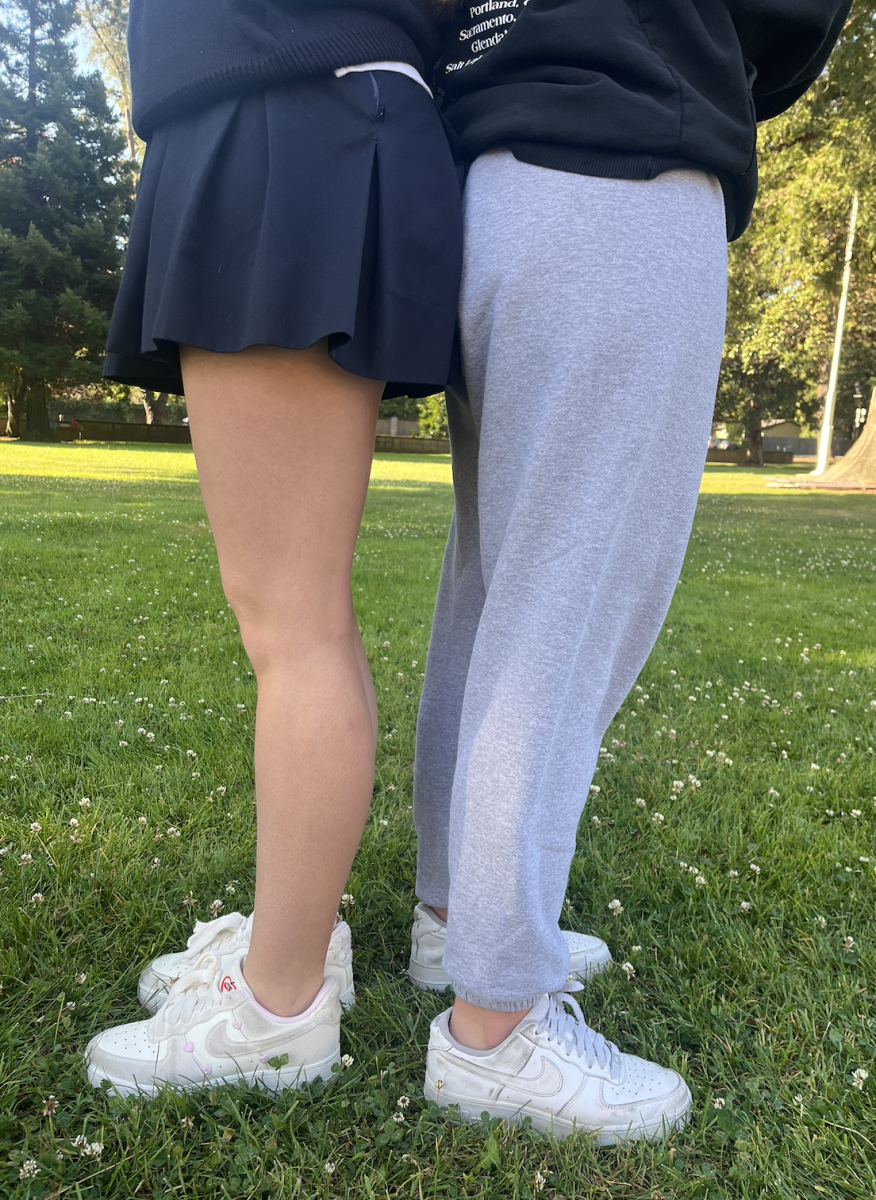 Students Isabella Michael and Samantha Kirkpatrick pose to showcase their clothing choices, which is too casual?