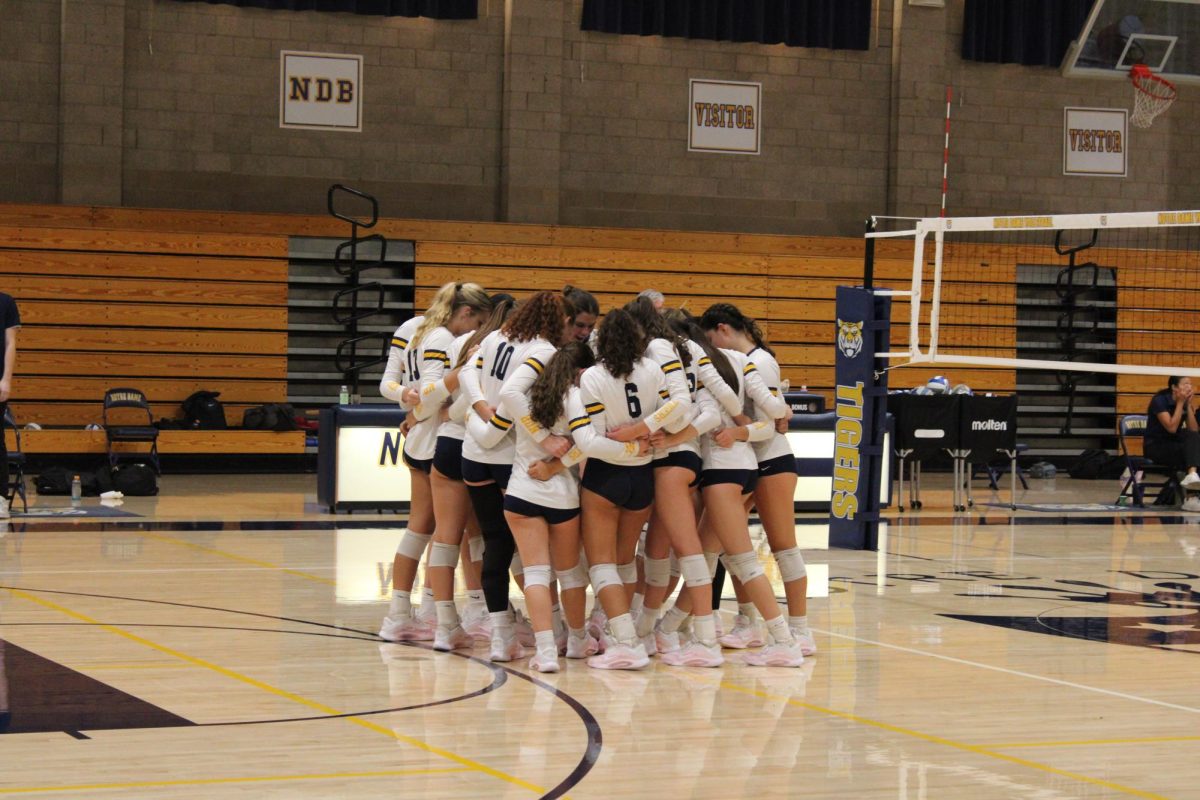 Varsity volleyball players huddle together during a recent game.