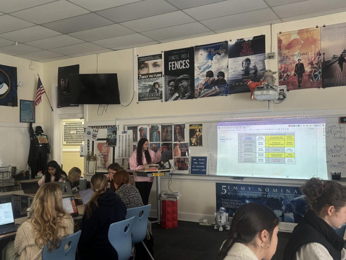 The journalism class is presented with production updates and informed of upcoming deadlines.