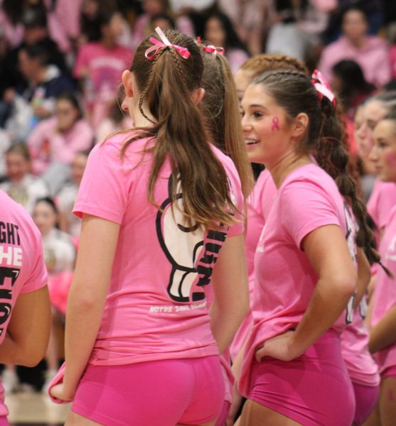 Varsity volleyball wearing the new Dig Pink shirts.