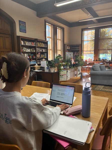 NDB student completing her homework in the library instead of catching up with friends after school.