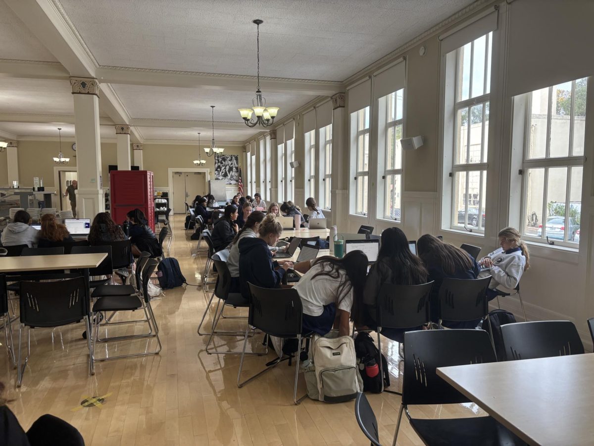 Some students take advantage of their Block Ei8ht time by working in small groups in the Dining Room.