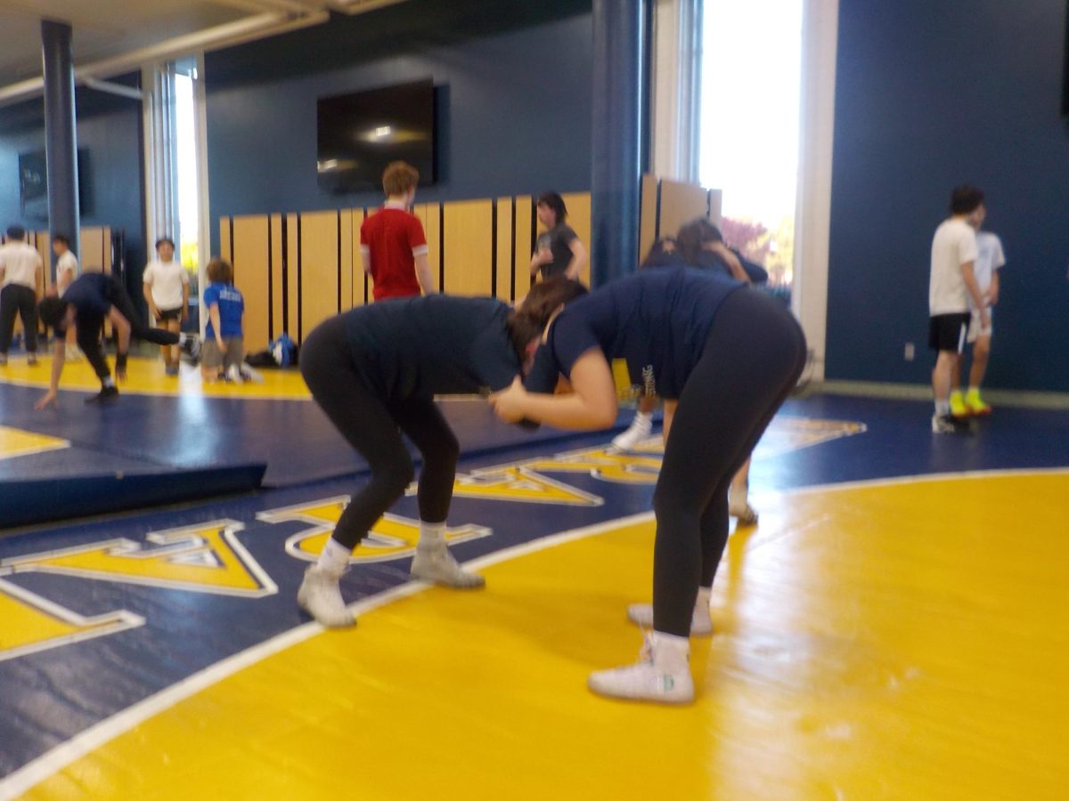 Two NDB student-athletes practice a wrestling move.