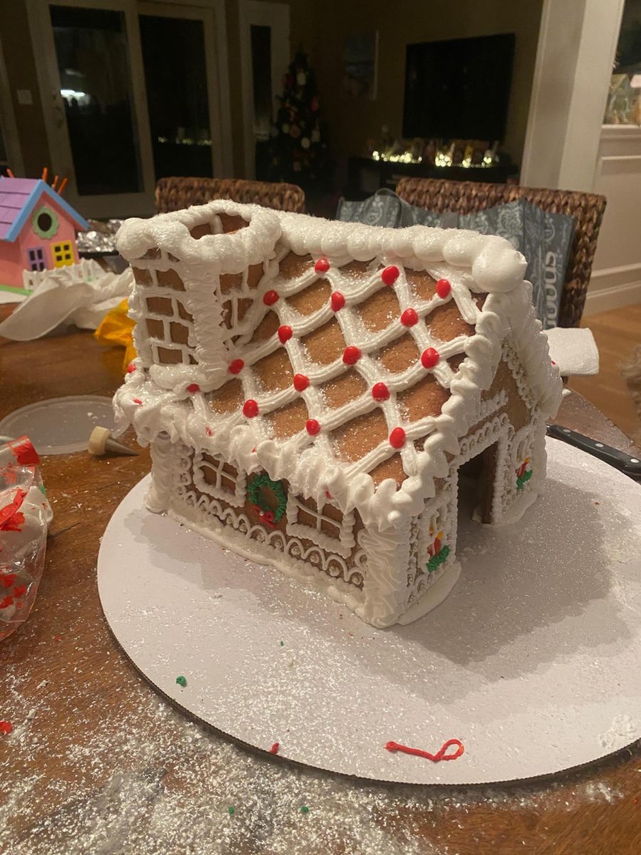 A finished gingerbread house waiting for its garden.