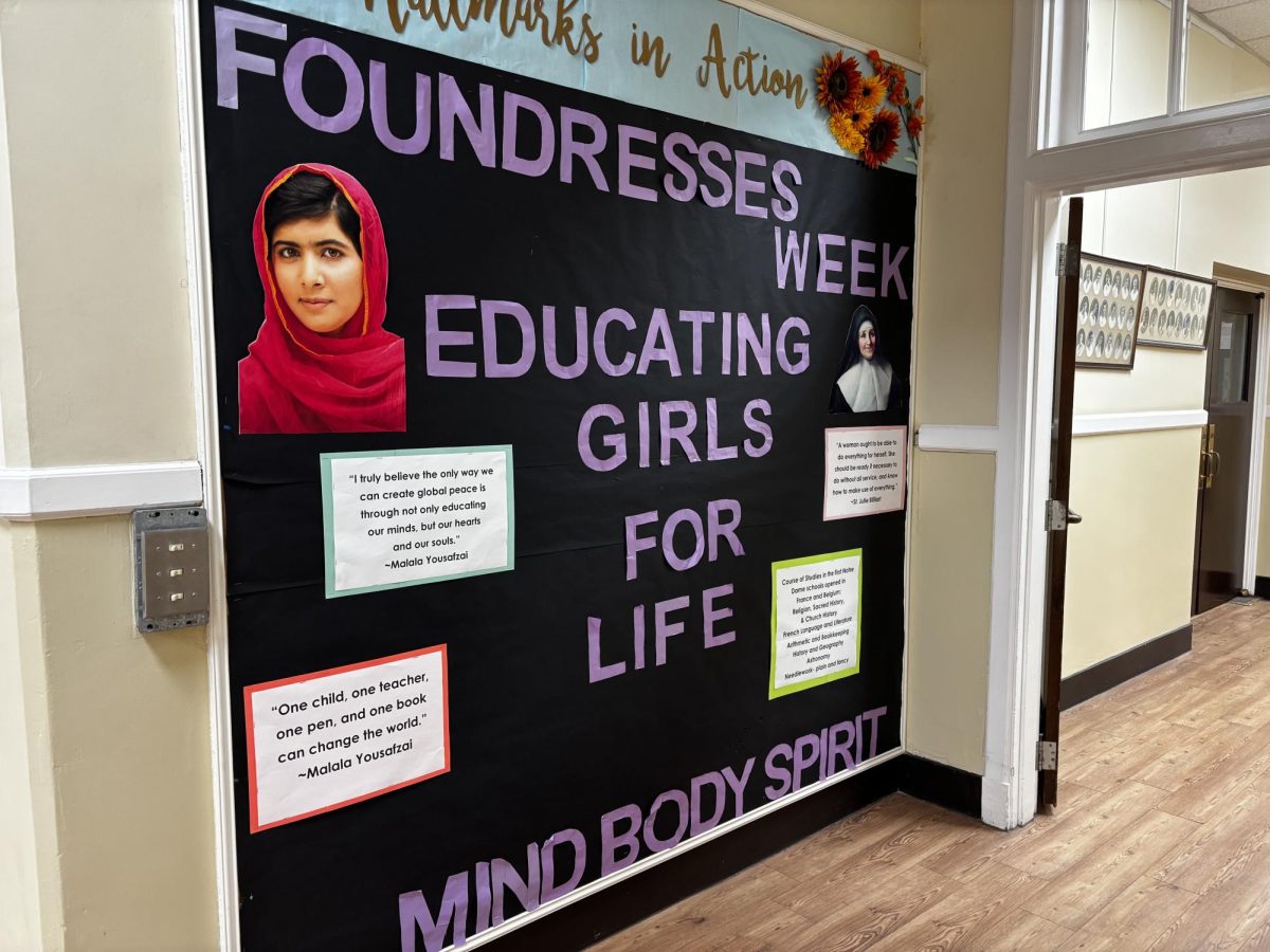 Bulletin boards are set up around NDB to highlight the positive effects of all-girls environment.