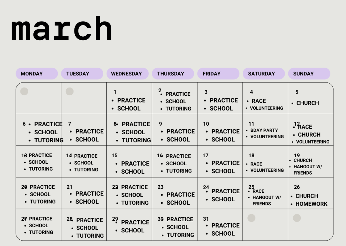 A full calendar depicts a student-athlete's busy schedule, showing how difficult it can be to juggle numerous commitments. 