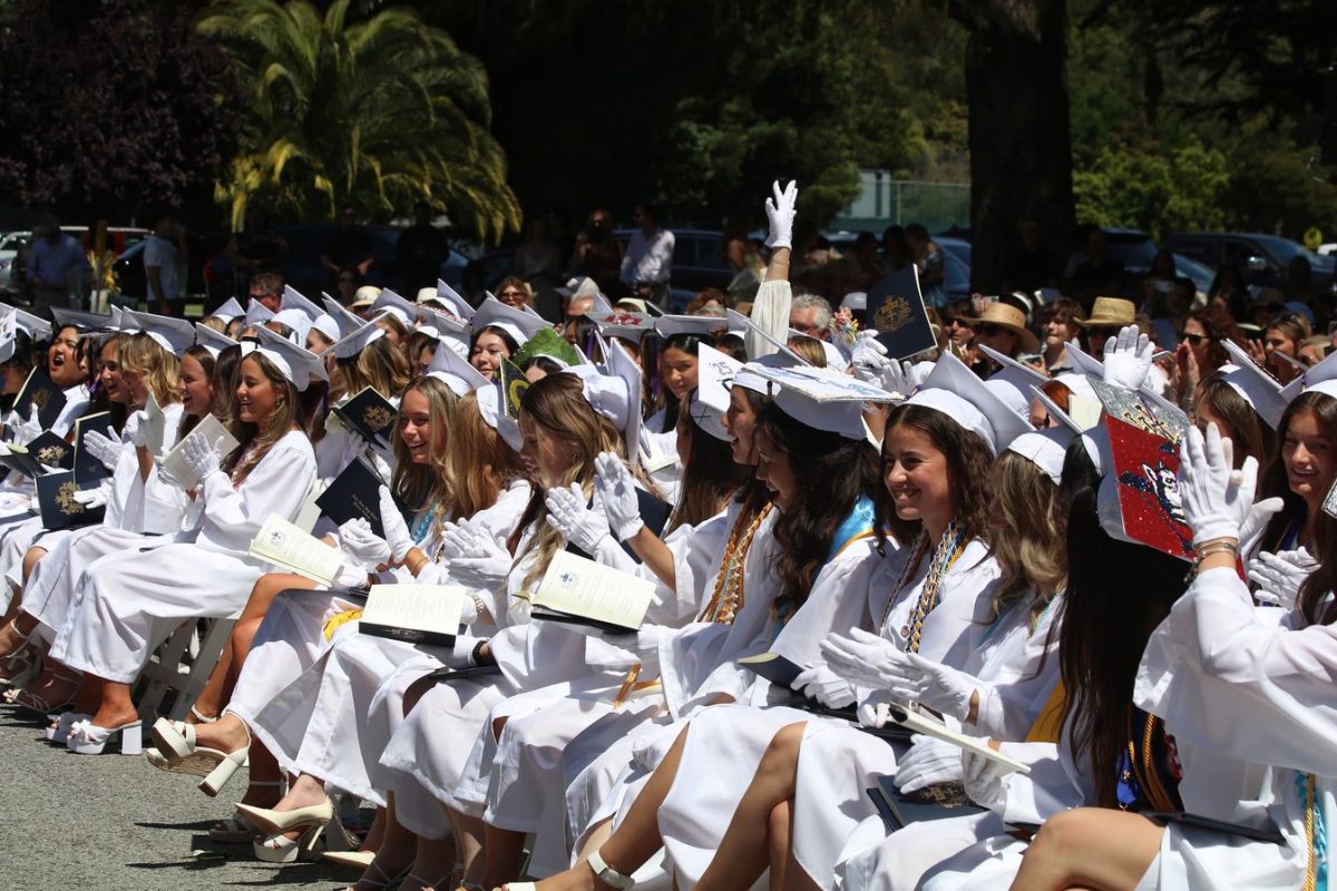 The graduating class of 2025 gather in the Father Downey Garden as they prepare to receive their diplomas.