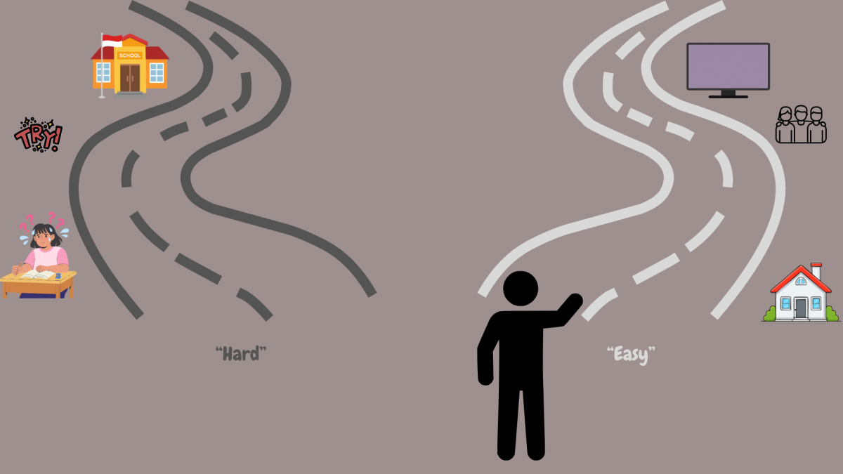 Someone choosing the easier and more familiar path over the harder and more challenging one.
