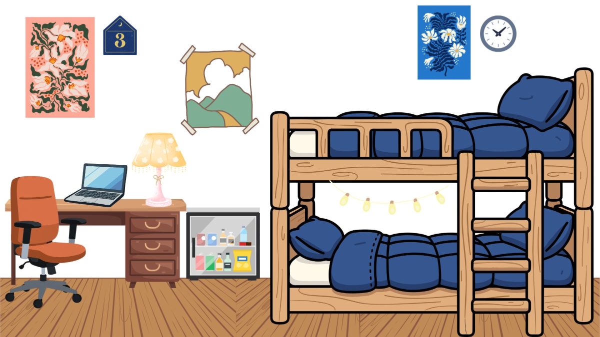  A mock dorm room, featuring all the necessities and essentials for a functional and fun dorm.