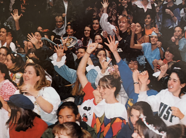 Students cheering at the Ding Bat Rally 1997